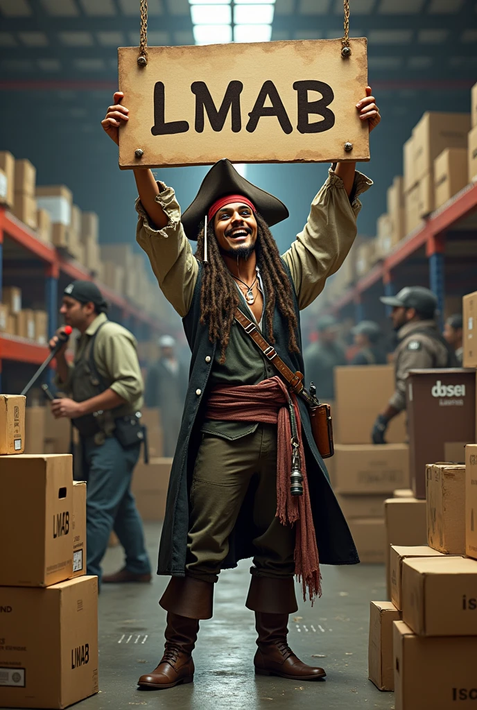 Create an image of Jack Sparrow, who is standing in front of a lot of packages and has several fishing rods and fishing equipment in his hand. 
Jack Sparrow is said to be in a returns warehouse for fishing equipment.
He should laugh in a friendly manner.  look at the camera, zoom in and present the fishing and hold a package. Wear sunglasses. Above him hangs a sign that says " LMAB"
In the background, employees are packing 
