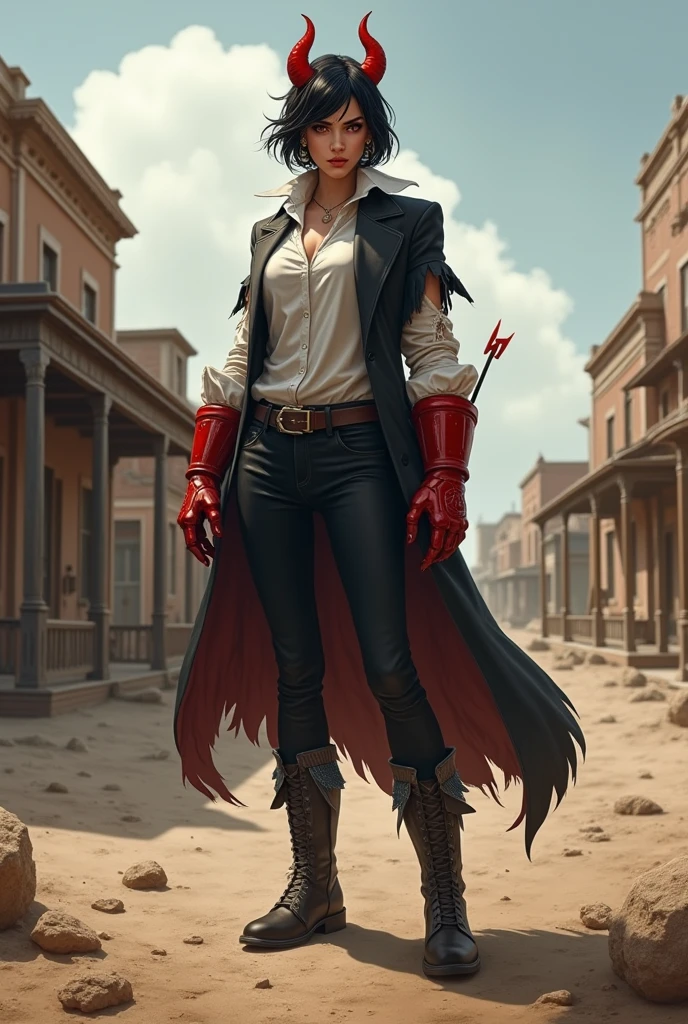 I would like a white  woman, with strong physic with red eyes, short black hair, earrings, well-groomed, wearing a dress shirt with ripped sleeves, a coat only on her shoulders, black pants, boots, a bit crazy, with demon horns, and large red gauntlets on her hands. I would like her to have a mature style and for the art to be in a fantasy RPG style set in the Old West.