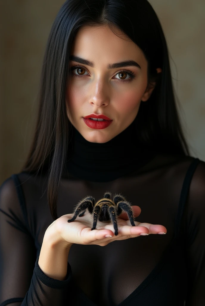 ultra realistic, photography, portrait, close-up, extreme close-up, long black straight hair, (30 years old, hazel eyes, hourglass figure, perfect fit body, slightly tanned skin, natural big breasts), red lipstick, she is wearing a tight black sheer turtleneck top, she has a tarantula crawling over her hand