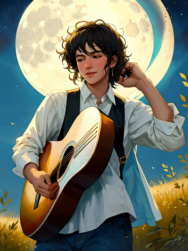 A country style with a guitar and a big beautiful moon and thousands of people
