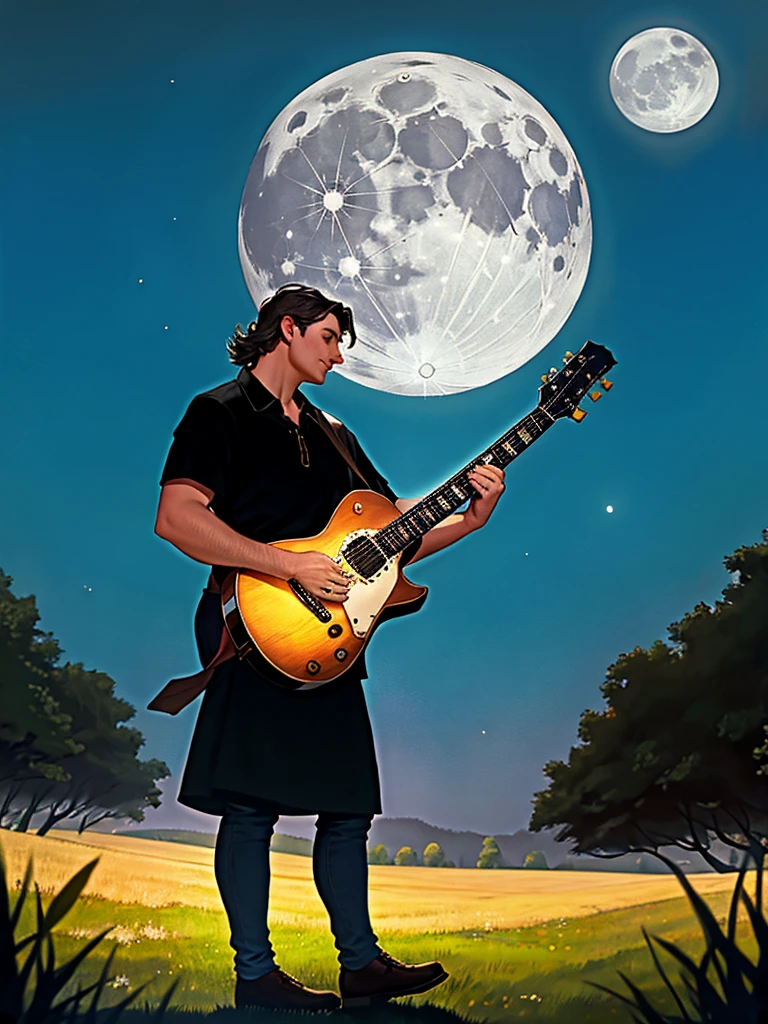 A country style with a guitar and a big beautiful moon and thousands of people