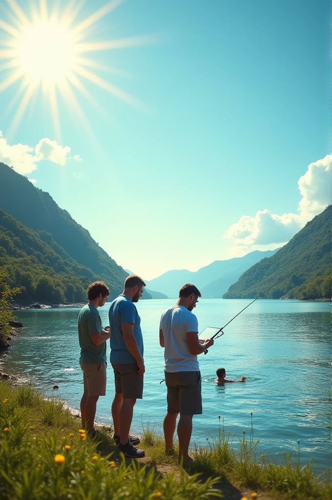 1. **Background**: A vibrant, sunny day with clear blue skies and the sun shining brightly.
2. **Setting**: A picturesque riverbank with a lush, green landscape, and an ocean view in the distance.
3. **Characters**:
- Three men standing together, possibly dressed in casual summer attire, enjoying the scenic view.
- A man in IT gear, perhaps with a laptop or tech accessories, fishing at the riverbank.
- Another figure swimming in the ocean, adding a touch of summer fun and relaxation.
You can use this description to create or request an image from a graphic designer or illustration tool. If you need more specific details or adjustments, let me know!