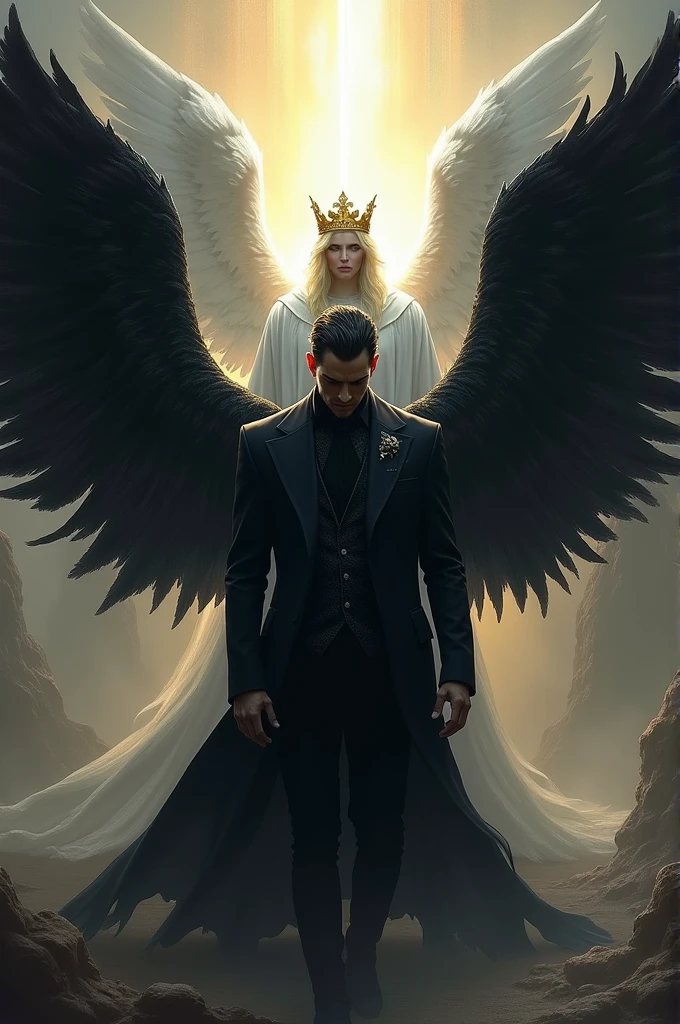 Create a fallen angel with large black wings where he is wearing a black crown and a black suit and an archangel with large white wings where he is wearing a golden crown and white clothes