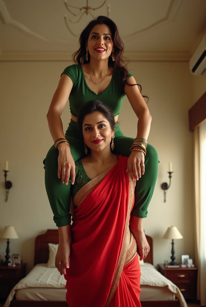 Beautiful and Slim Indian woman Aishwarya Rai in green blouse red saree lifting a large chubby man above her shoulders, man is sitting on woman's shoulders, in a bedroom with high ceiling, natural smile, woman is looking into the camera , full body image