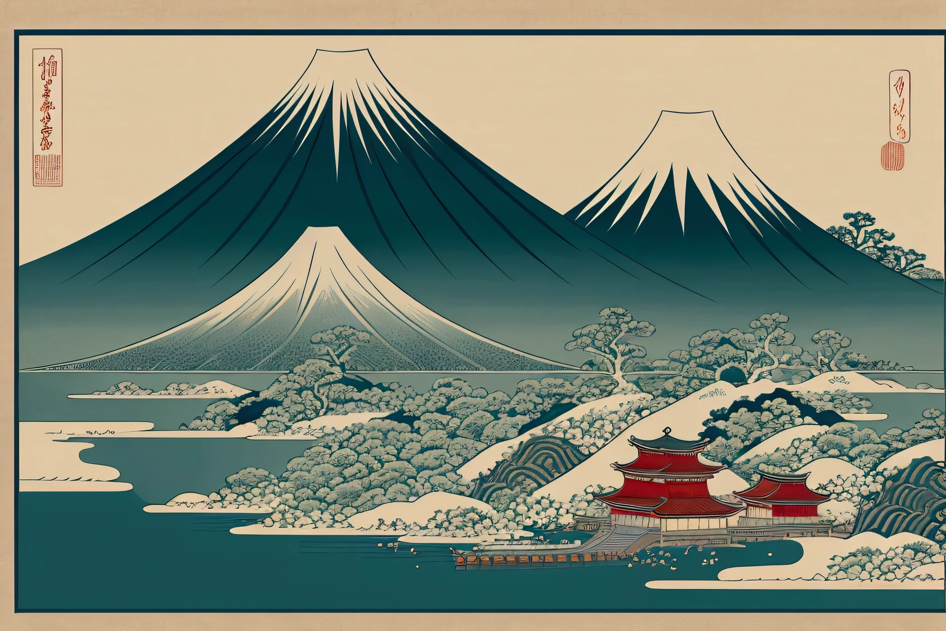 A picture of a mountain with a tower in front, In the Ukiyo-e art style, Japanese art style, Japanese Landscape, japanese woodblock print style, Ukiyo-e style, Japanese painting, Ukiyo-e style, You look stylish, Inspired by Hanbei Yoshida, Detailed painting 4k, Japan Inspired Poster