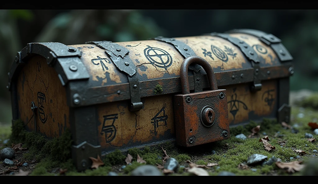 	The view of the ark: A close-up of a decaying ark, with ancient markings and a rusty lock.