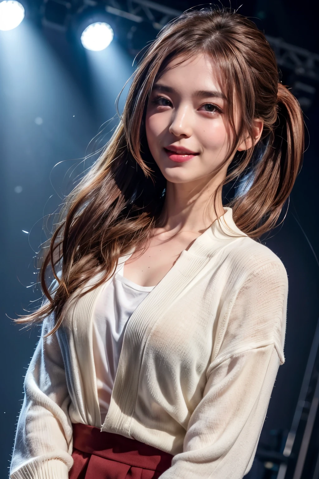 realistic, singing emotionally, on the stage of the concert, brightly lit by spotlights on the stage, extremely bright lighting, wearing red cardigan and white shirt, mediuam-length light brown hair, pony-tails hairstyle, hair is blowing in the wind, hair is shaggy and dishevelled, beautiful white-colored translucent skin, sweat splashes, glamorous figure, slightly large chest, a little bit of her chest is exposed, natural makeup, small nose, smooth shaped jawline, glossy face, heavy flushed cheeks, big smile, close up shot