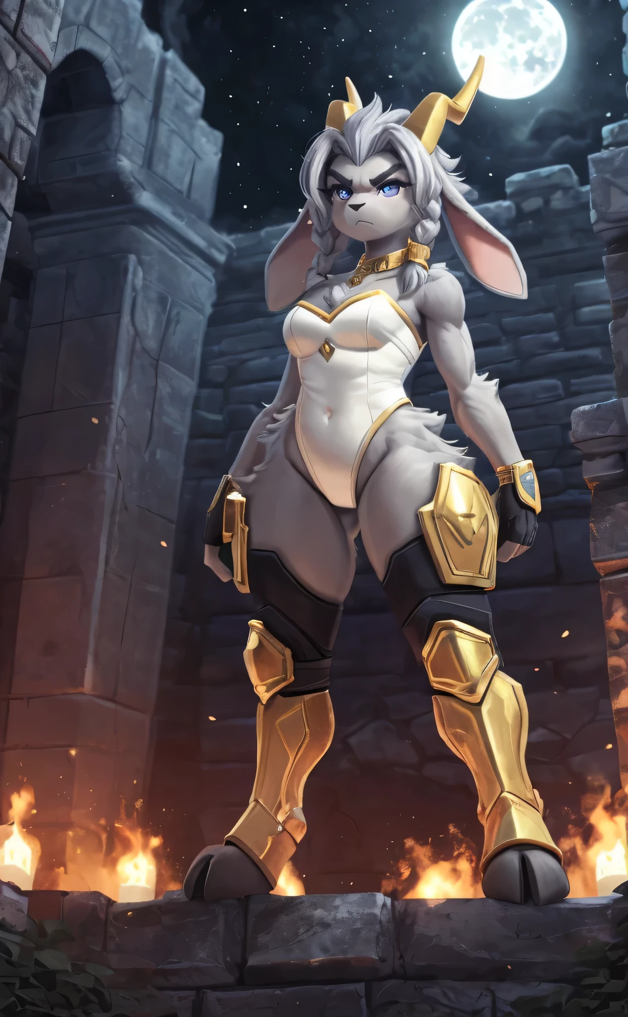 [sybil], [pseudoregalia], ((masterpiece)), ((HD)), ((high res)), ((solo portrait)), ((full body)), ((low angle view)), ((feet visible)), ((detailed fur)), ((detailed shading)), ((cute cartoon aesthetic)), {(anthro goat woman), (athletic figure), (grey body fur), (black nose), (long droopy rabbit ears), (braided hair), (yellow narly horns), (bushy dark grey eyebrows), (cute indigo eyes), (long grey eyelashes), (medium breasts), (curvy hips), (thick thighs), (beautiful legs), (defined feet), (hooved toes), (angry), (tired eyes)}, {(white leotard with gold lining), (black arms sleeves), (black stirrup thighhighs), (black fingerless gloves), (blue necklace), (gold shoulder pads), (gold knee pads), (white headband)}, {(standing), (looking at viewer)}, [ambient lighting, castle ruins, nighttime, moonlight]