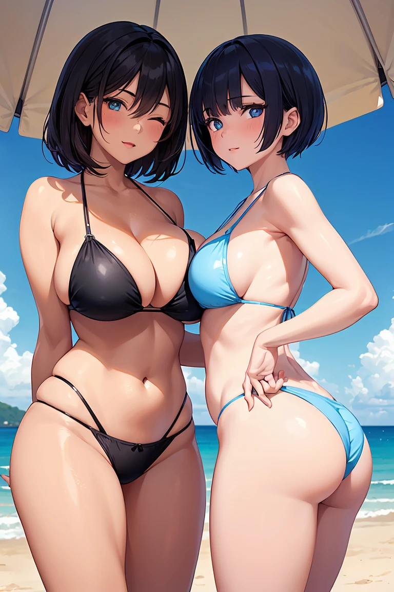 (2girls:1.6), (2mature womans:1.5)(gleaming skin:1.3), detailed eyes, mature woman, A milf with black short hair, sky-blue eyes, one eyeclosed, wearing a metallic bikini, gigantic breast,standing, beach.