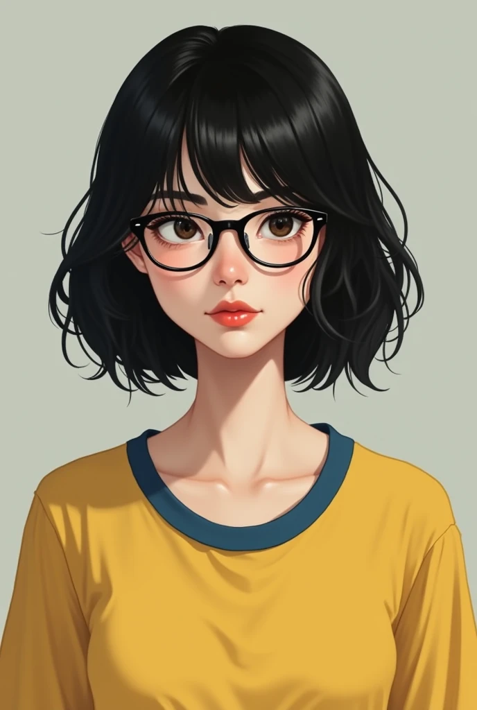 White adult woman, with dark eyes, wearing prescription glasses, with short, shoulder-length black hair with eyebrow-length bangs, with red mouth and wearing a yellow t-shirt with a blue collar