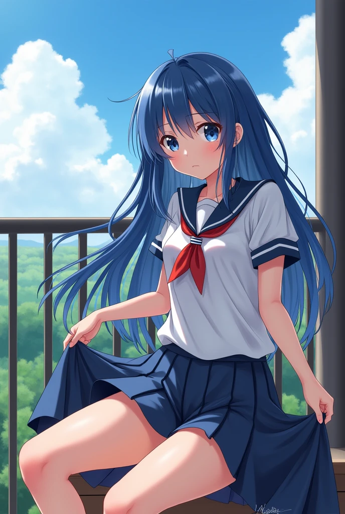 Japanese  blue hair scho sitting on a balcony has her skirt lifted showing her vagina and tits anime style