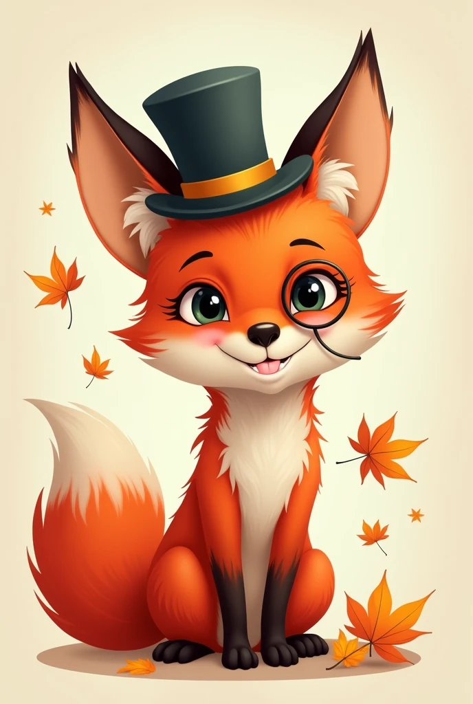 A playful red fox with a mischievous grin, wearing a tiny top hat and monocle, surrounded by a few colorful autumn leaves.”
