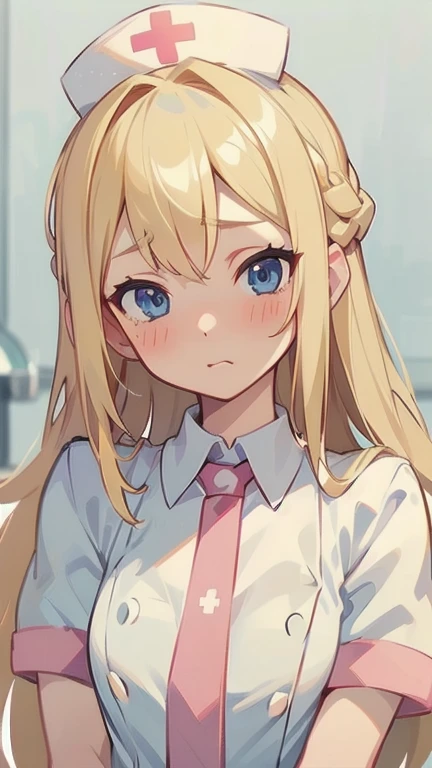 (blonde_hair), (long_female_hair), (light_blue_eyes), (high_detailed_eyes), (attractive), (flat), (shy_face), (blushing), (female), (nurse), (nurse_cap), (whiteware), (White legwear), (detailed_Hair), (detailed), (detailed_mouth), (young_appearance), (clinic), (upper_body_close-up), (Picturesque)