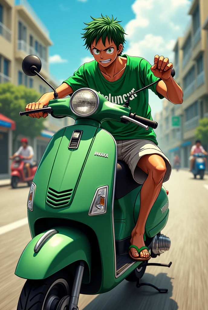 Zoro rides a Yamaha moped wearing a green shirt that says MELUNCUR on his shirt. while raising his left hand