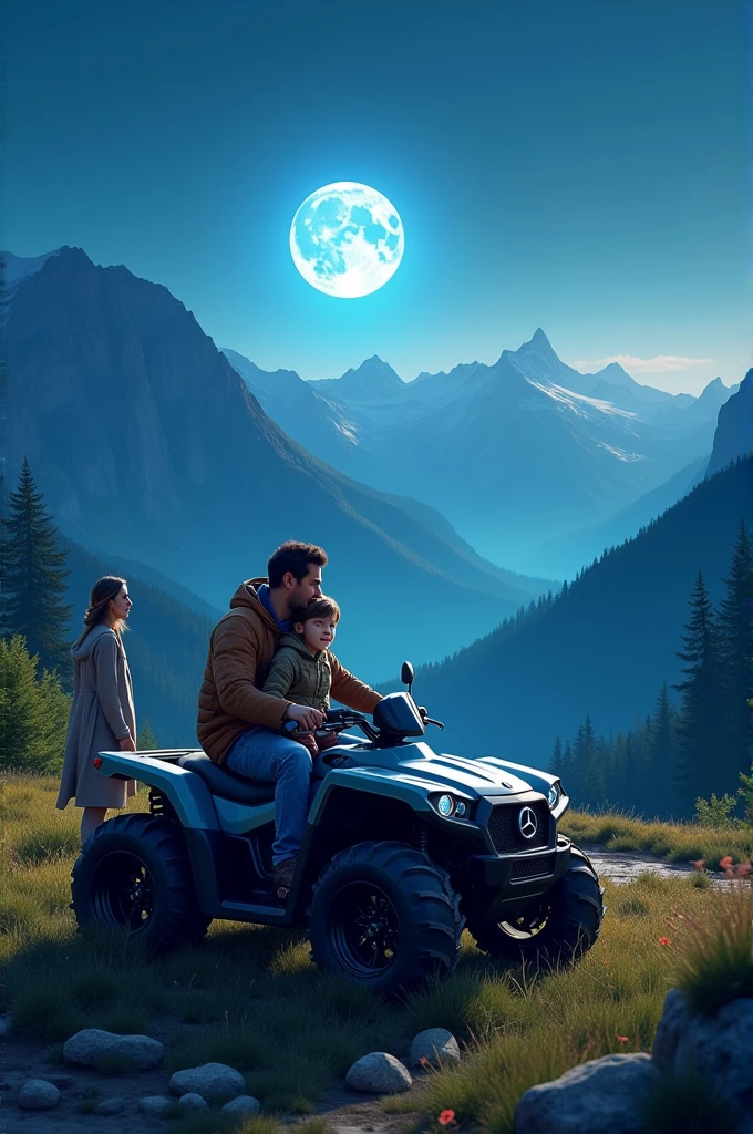 Dad and his son sitting on a Mercedes ATV and his wife watching from afar all this in a landscape similar to Switzerland with a super blue moon