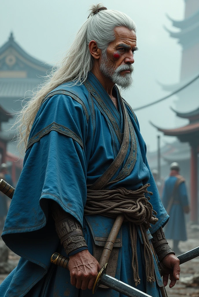 samurai in torn blue kimono, white hair, with battle wounds, jaded, blind in one eye