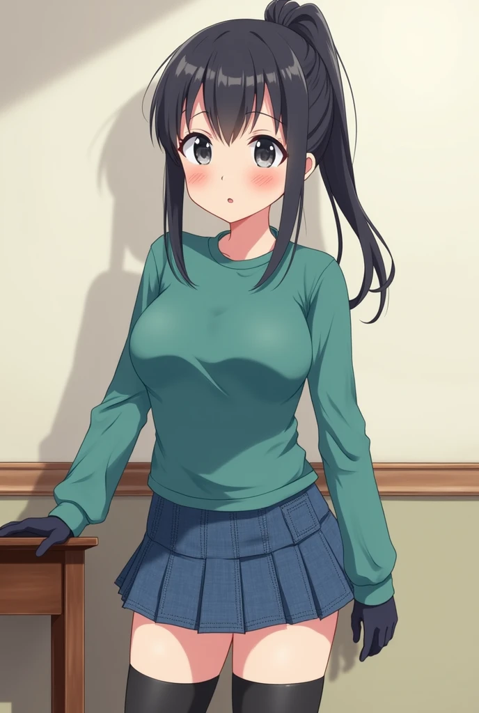 Anime beautiful blushing in shocked girl Ayano Aishi because you said you love her. Ayano Aishi has pale skin, dark grey eyes, and straight, mid-back length black hair. She stands at a height of 165 cm (5 ft. 5 in), weighs 43.5 kg (96 lbs.), and has average-sized breasts. Her hair is tied into a high ponytail with sharp bangs swept to the right, the middle one being the most prominent, and two strands of hair that frame her face, reaching to her shoulders. Ayano will wear a teal-green shirt, blue denim skirt, black thigh high socks, black gloves, and sneakers.