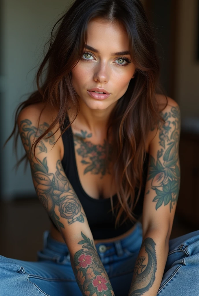 brunette brown eyes with lots of tattoos in 4 photos full face and dressed in jeans