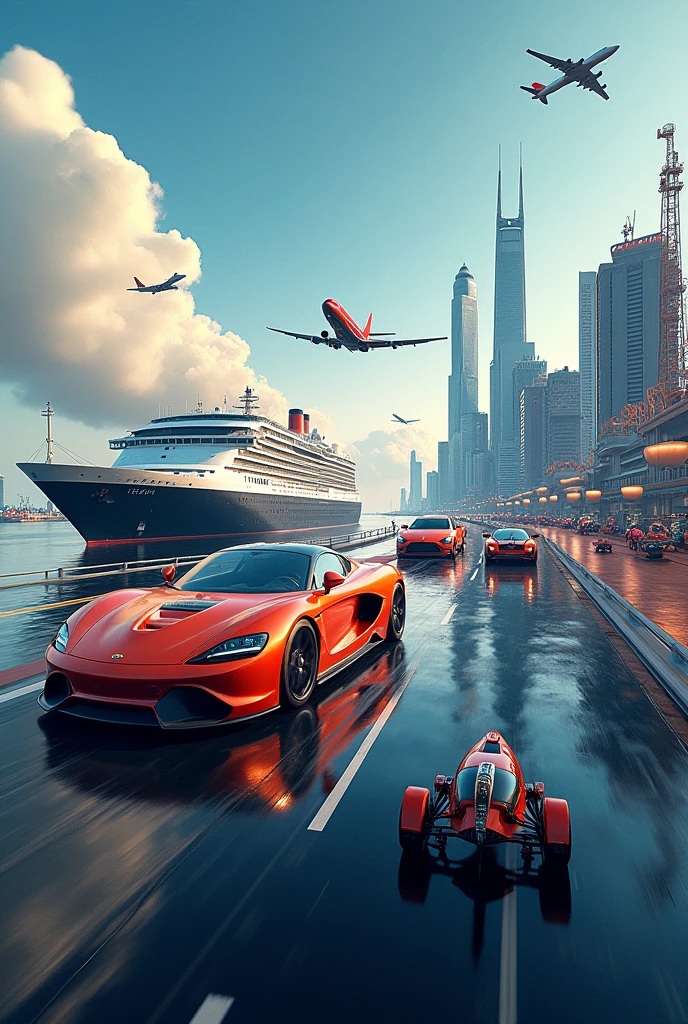 insert different means of transport, from cars to planes and ships, in the same image, with a professional tone