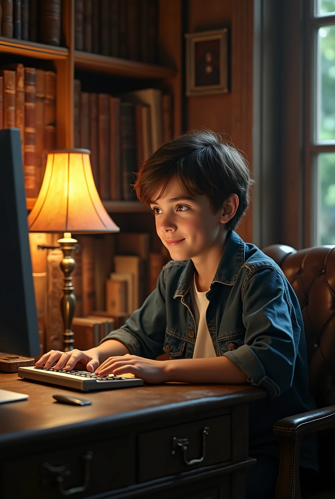 create an image of a  boy in his room studying, and creating digital marketing campaigns on your computer, the image must convey antiquity, and in the room the old books"