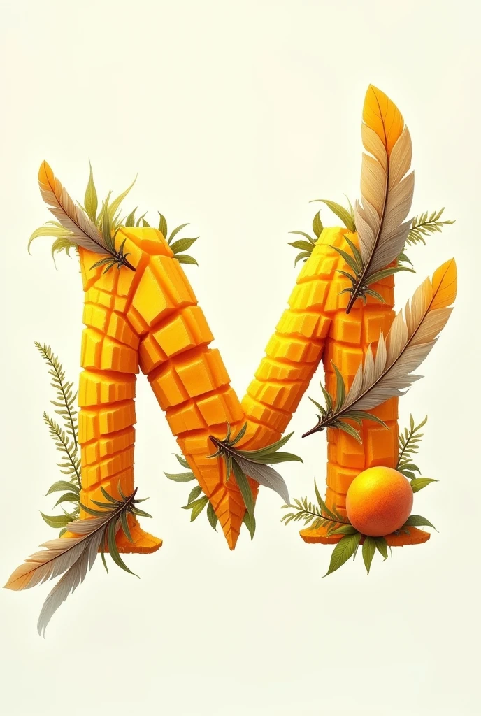 Mango text with feathers integrating withing the M letter and a mango design integrating the text