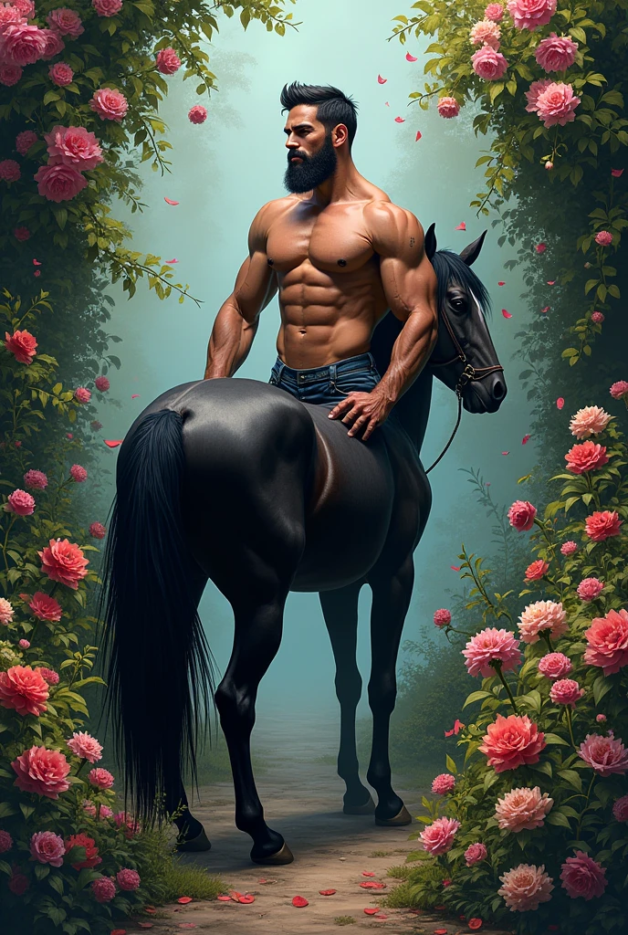 A half-horse man with a lush ass and a six-pack, barba, blacksad, in a flower garden
