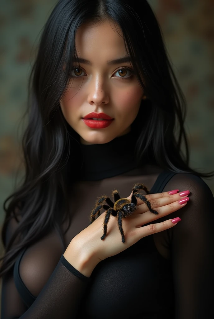 ultra realistic, photography, portrait, close-up, extreme close-up, long black straight hair, (30 years old, hazel eyes, hourglass figure, perfect fit body, slightly tanned skin, natural big breasts), red lipstick, she is wearing a tight black sheer turtleneck top, she has a tarantula crawling over her hand, there are spiderwebs in the background