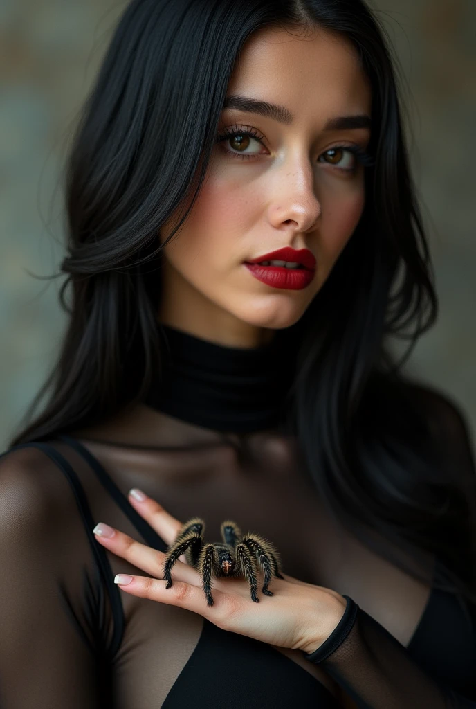 ultra realistic, photography, portrait, close-up, extreme close-up, long black straight hair, (30 years old, hazel eyes, hourglass figure, perfect fit body, slightly tanned skin, natural big breasts), red lipstick, she is wearing a tight black sheer turtleneck top, she has a tarantula crawling over her hand, there are spiderwebs in the background