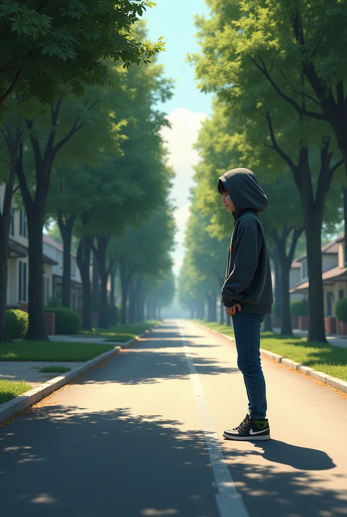 A girl standing alone in street, with background (alone street , coverd by to row's of trees , a long the booth size of the street ) the girl haze located on ther right the besides of the scened left
, the girl has wore hoody and jeen, with Jordan shoes 
