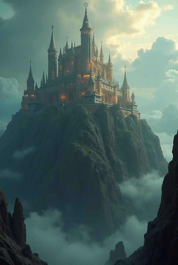 "Create a dramatic image of a city with exuberant architecture perched atop a mountain peak. The city should be depicted with grand, intricate buildings and structures, showcasing opulent and ornate design elements. The setting should be illuminated with a dramatic, ethereal light, casting a glow over the city and highlighting its architectural splendor. However, incorporate subtle dark undertones, such as shadowy areas or misty atmospheres around the city’s edges, to add a sense of mystery or foreboding. The mountain should be rugged and steep, emphasizing the city’s isolation and grandeur. Use contrasting lighting—bright and luminous in the city center, with darker, more somber tones around the periphery—to create a striking and atmospheric visual effect."