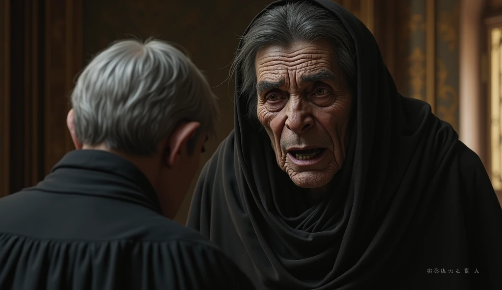 	The appearance of the old woman: From inside the mansion, an old woman comes in front of Ramu, with a serious and worried look on her face.
