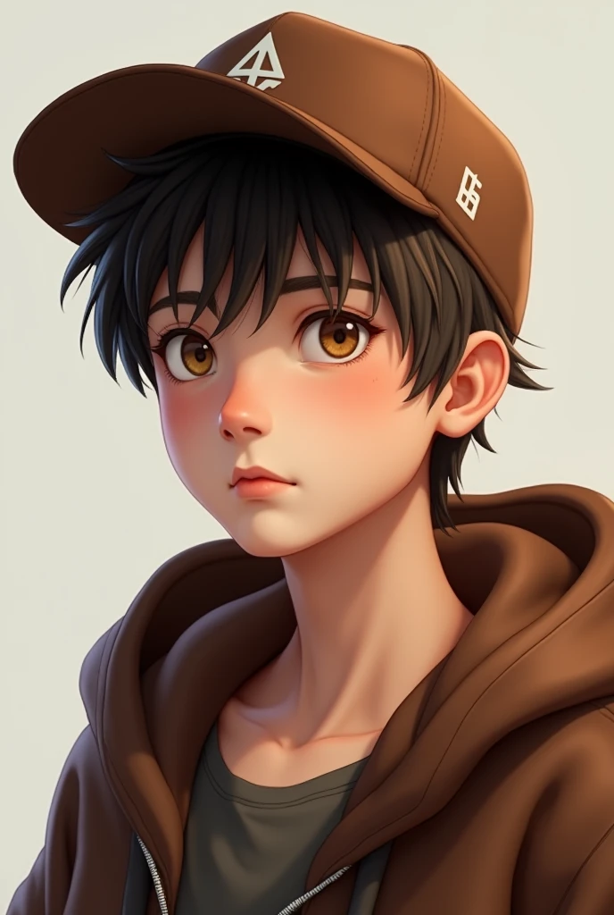 Young male character with cap and hood of brown tone and with light brown eyes Realistic much more realistic