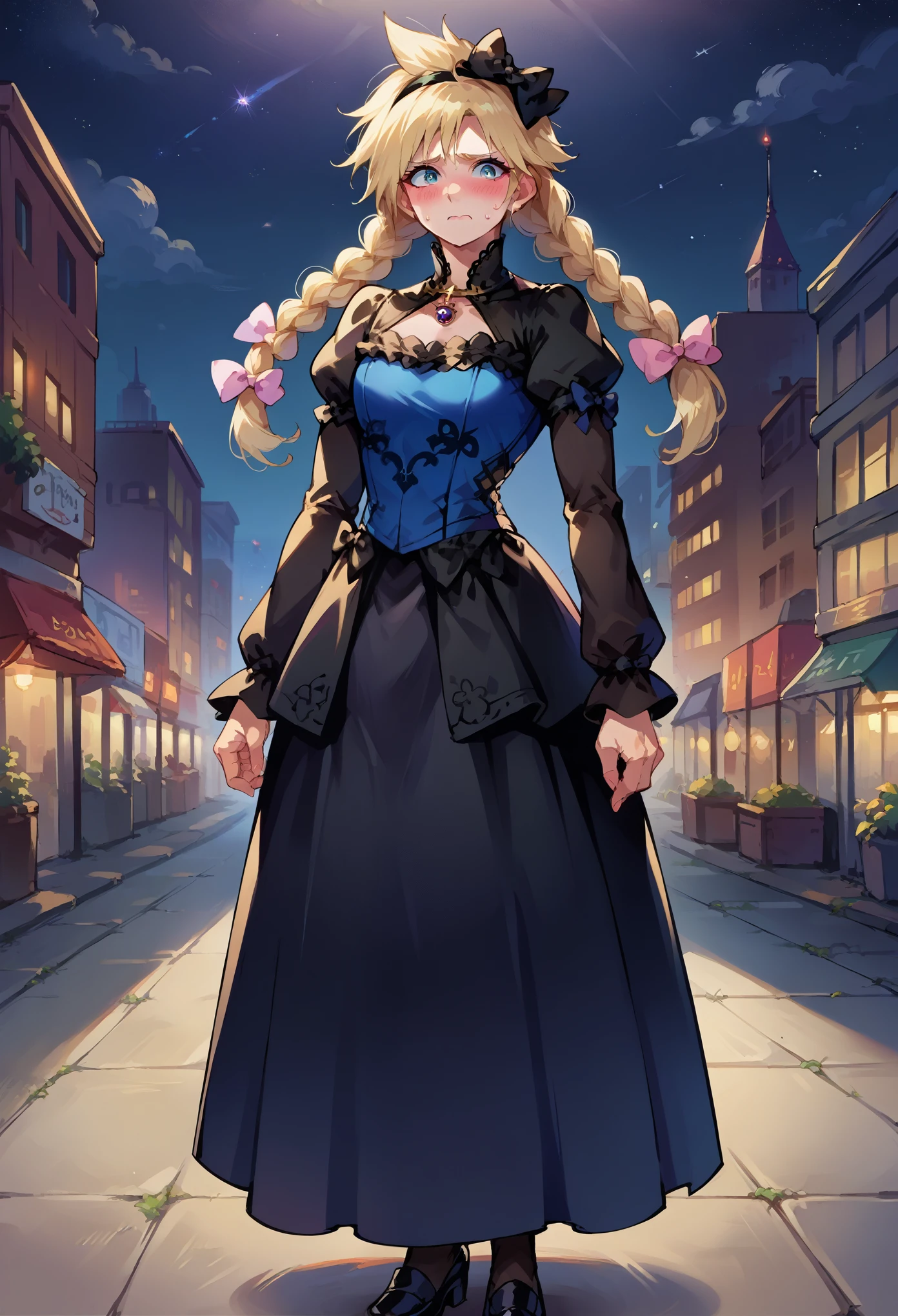 score_9, score_8_up, score_7_up, source_anime, 1girl, solo, female focus, female body, dressCloud, crossdressing, blonde hair, twin braids, hair bow, frilled dress, black dress, puffy sleeves, long sleeves, long dress ,standing, nervous, blushing, full body, looking at you, metallic city, dark sky, night, 