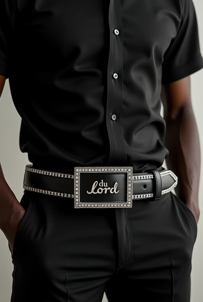 Men's black formal wide belt in genuine leather with modern square buckle,Plata, rhinestones on the edges, written in the center the words Du Lord in precious stones The model is of black ethnicity and wears a black shirt