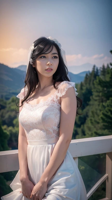 photo, photo realistic, (photorealistic:1.4), best quality, high quality, 4K, RAW, masterpiece, realistic lightning, beautiful face,
1girl, solo, (1), (), gravure idol, (medium breasts),
black hair, (medium hair:1.2), (wavy hair:1.2),
((light) pink lips:1.3), closed mouth, (smiling:0.8),
(bride:1.2), (((white)) wedding lace dress:1.2), wedding veil,
looking at viewer, (knee to top), (beautiful arms:1.2), (front view),
BRAKE,
(outdoors:1.4),