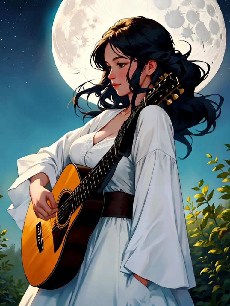 A country woman with a guitar and a big beautiful moon and thousands of people 