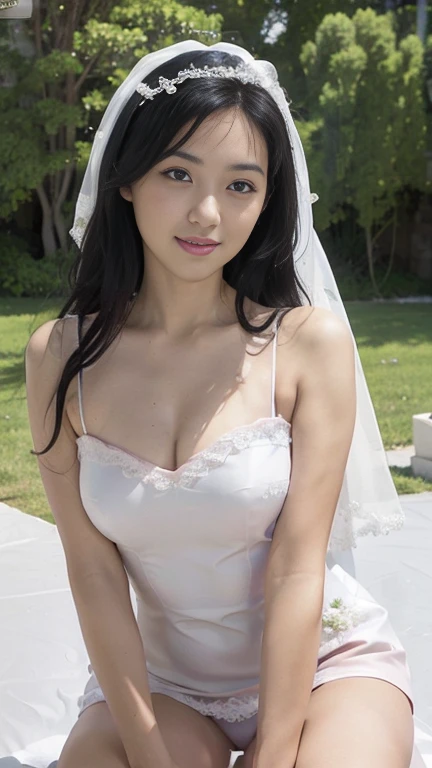photo, photo realistic, (photorealistic:1.4), best quality, high quality, 4K, RAW, masterpiece, realistic lightning, beautiful face,
1girl, solo, (1), (), gravure idol, (medium breasts), 
black hair, (medium hair:1.2), (wavy hair:1.2),
((light) pink lips:1.3), closed mouth, (smiling:0.8),
(bride:1.2), (((white)) wedding lace dress:1.2), wedding veil, 
looking at viewer, (knee to top), (beautiful arms:1.2), (front view),
BRAKE,
(outdoors:1.4),