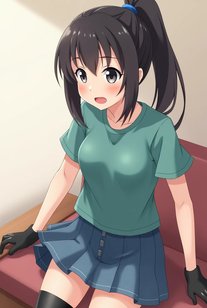 Anime beautiful blushing in shocked girl Ayano Aishi because you said you love her. Ayano Aishi has pale skin, dark grey eyes, and straight, mid-back length black hair. She stands at a height of 165 cm (5 ft. 5 in), weighs 43.5 kg (96 lbs.), and has average-sized breasts. Her hair is tied into a high ponytail with sharp bangs swept to the right, the middle one being the most prominent, and two strands of hair that frame her face, reaching to her shoulders. Ayano will wear a teal-green shirt, blue denim skirt, black thigh high socks, black gloves, and sneakers.