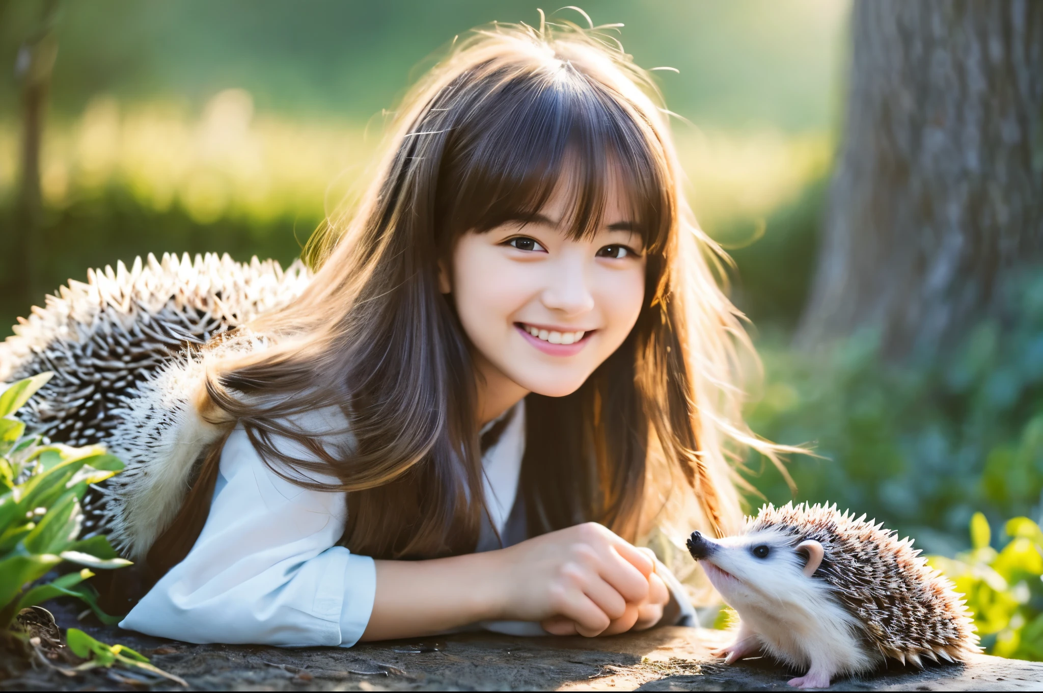 Highest quality masterpiece detailed A super cute girl is smiling and looking at a hedgehog Photo style Fantasy