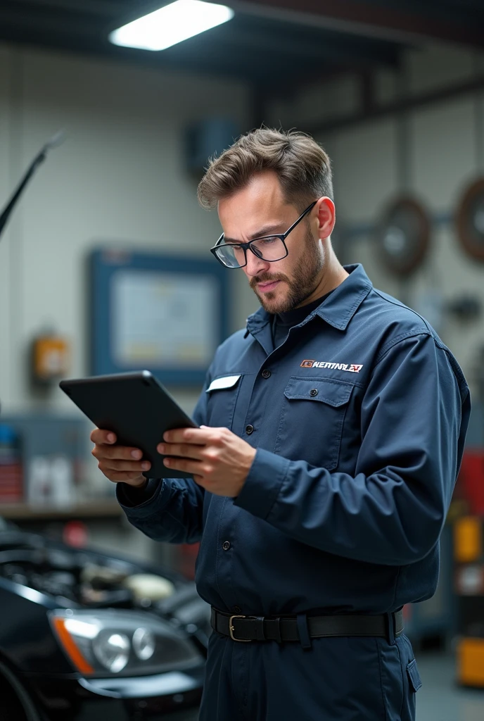 A car mechanic holding a tab