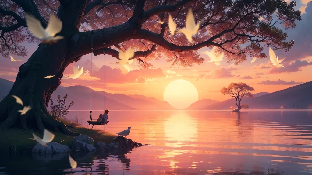 Dynamic pose, Strong contrast, Good depth of field, 8K wallpaper, Masterpiece, Aesthetic Mystical illustration in realistic style, best quality, natural light, high res, highly detailed, All the colors and materials in this work are very harmoniously combine, Sunset Over a Crystal Clear Lake: A stunning sunset paints the sky in hues of orange, pink, and violet, reflecting perfectly on a crystal-clear lake. On the shore, a large, ancient oak tree with sprawling branches provides a natural frame. A swing hangs from one of its branches, empty but gently swaying in the breeze. A couple of doves sit on the tree, their feathers ruffled by the wind, symbolizing peace and love. Как один и тот же цвет. Лучшее качество. 8К Ультра HD. В небе облака