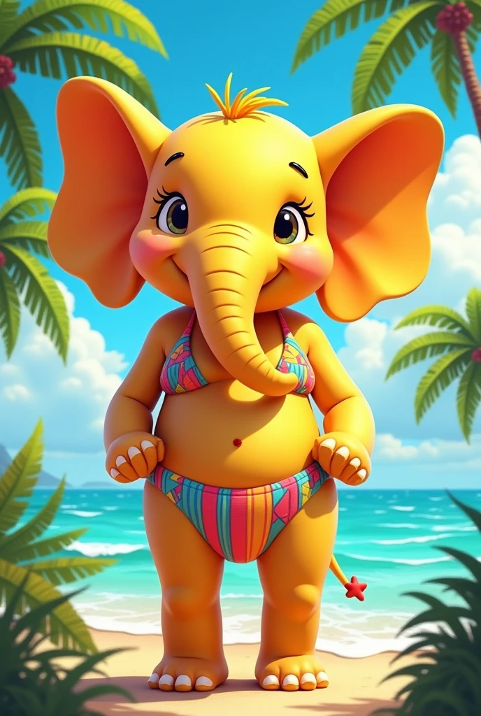 A yellow elephant wearing a bikini with big ears 