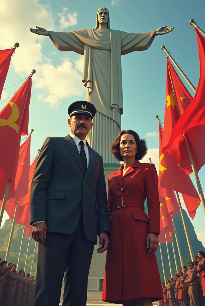 Luís Carlos Prestes and Olga Benario at Christ the Redeemer with socialist flags