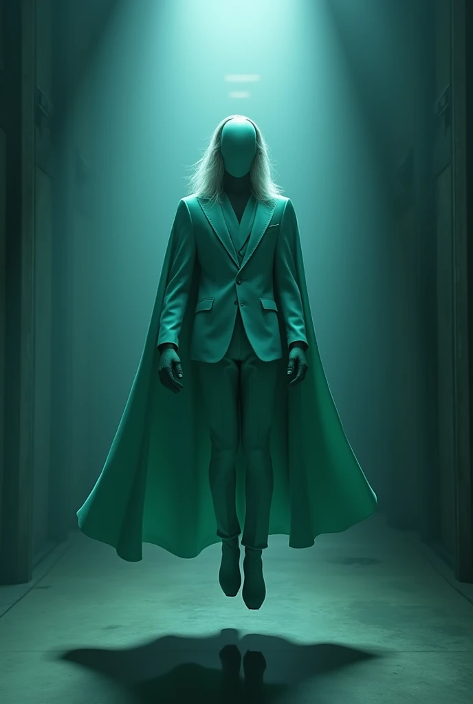 (photorealism:1.2), A photo of a 20-year-old man flying in a dimly lit room. The man is very thin and is wearing a light blue suit that covers his entire body, mint green gloves, and
boots. He has a very long mint green cape. The suit has a triangular mint green collar area that reaches down to his chest. The man has long grey hair and has no face or facial features; his face is white and has no facial features. He takes inspiration from the DC Comics character The Question.