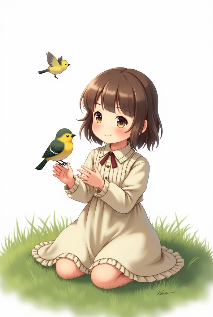 white background,cute  siting on grass,she look at the little bird,rais her hands to the little bird,little bird flying,best quality,smart frock wearing the girl