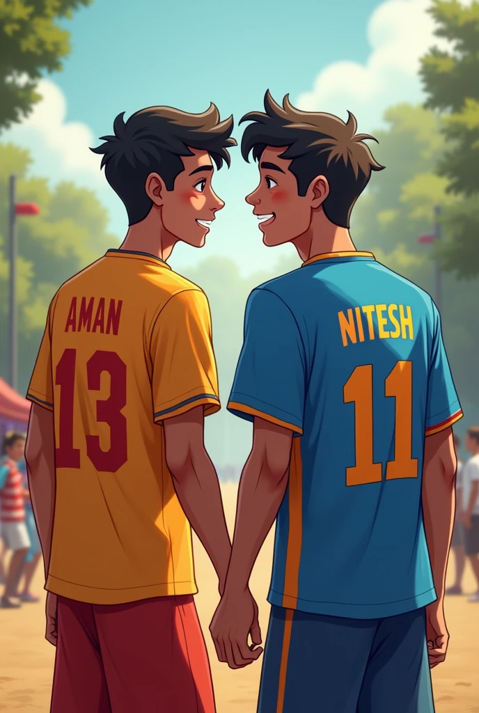 Two friends one wear Aman name jersey and one wear Nitesh name jersey