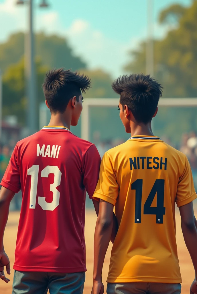Two friends one wear Aman name jersey and one wear Nitesh name jersey
