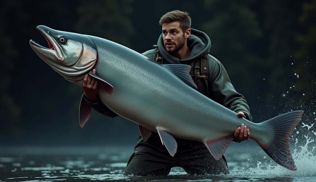 There is a shadow、Fish salmon、The fish has small black spots on its body.、A man is lifting a fish、The fish is two meters long、Man has a surprised expression