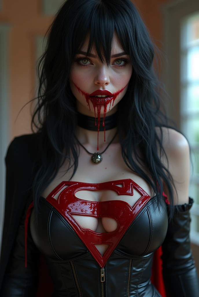 PHOTO REALISTIC. A FULL BODY VIEW OF THE HOTTES AND SEXIEST VAMPIRE BABE WITH, VAMPIRE EYES, LARGE, LONG, BLOODY VAMPIRE FANGS STICKING OUT FROM HER MOUTH, LONG BLACK HAIR, HUGE PERKY BOOBS. WEARING A EMO SUPERGIRL OUTFIT, GOTH CAPE AND GOTH BOOTS. A LARGE BLOODY "S" EMBLEM ON HER CHEST. ABSURD 8K DETAILS AND TEXTURES.