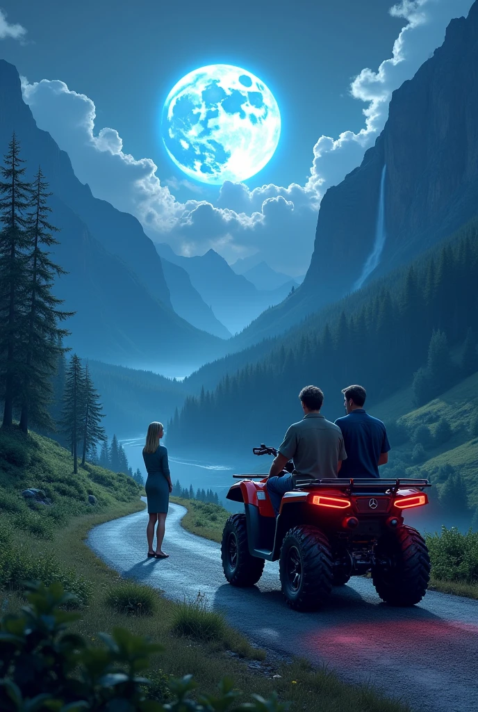 Dad and his son sitting on a Mercedes ATV and his wife watching them from afar, all this in a landscape similar to Switzerland with waterfalls and on a road with a super blue moon